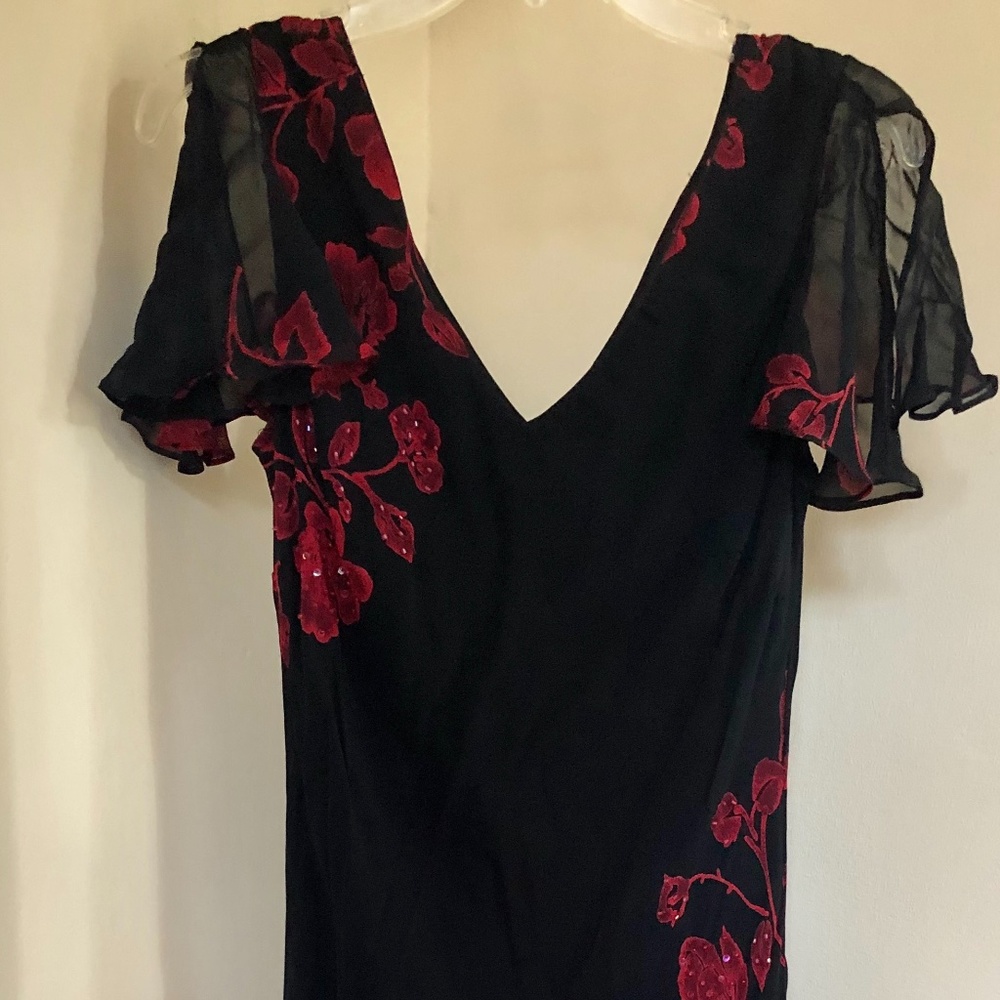 Black Cocktail dress w/ Red/Magenta beaded flowers